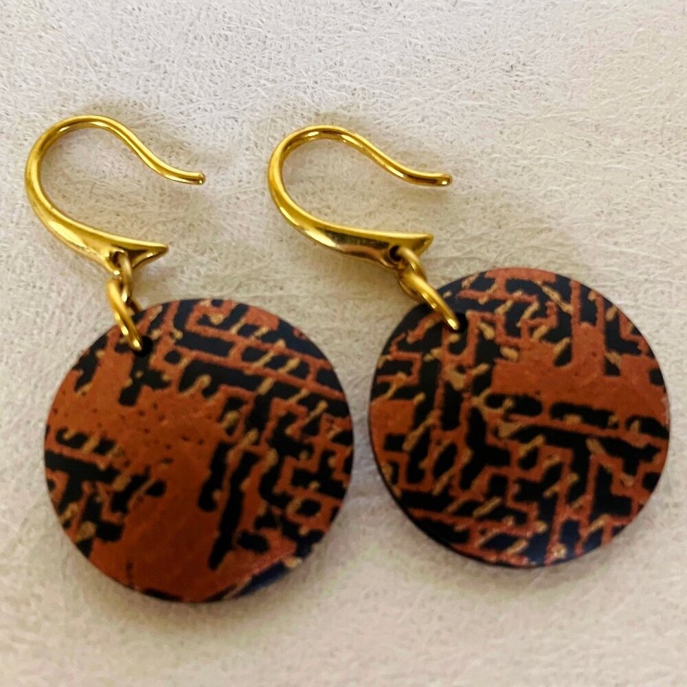 Copper Round Earrings Handcrafted Pierced Unique Artisan Dangle Clay Circle New